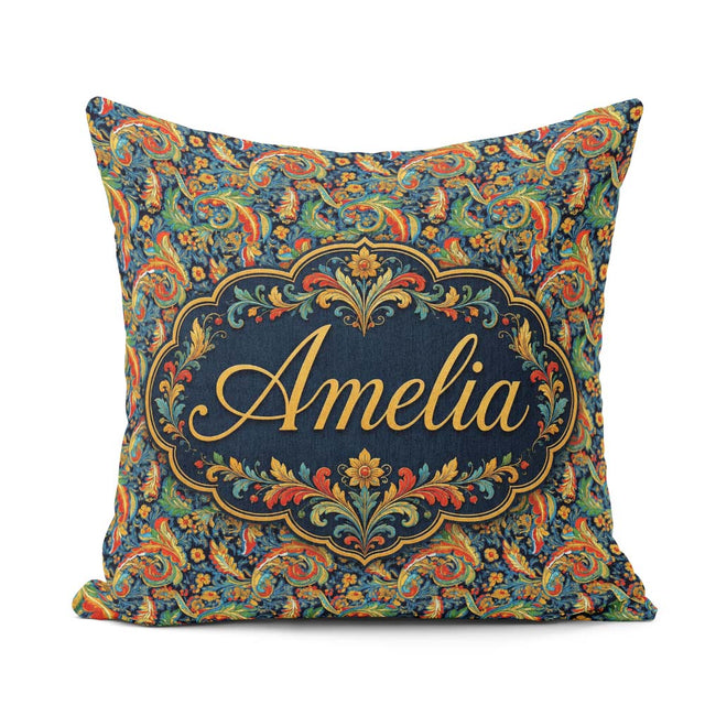 Custom Name Vibrant Paisley Floral Swirl Pattern Rich Ornamental Square Filled Cushion Throw Pillow Sofa Bed Home Decor Zip Washable UK Made