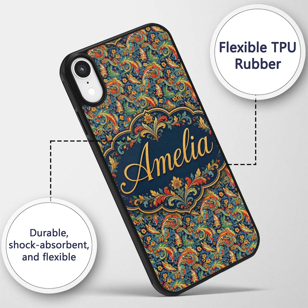 Vibrant Paisley Floral Swirl Decorative Design Custom Name Protective Phone Case Mobile Cover Durable Everyday Smartphone Shock Resistant