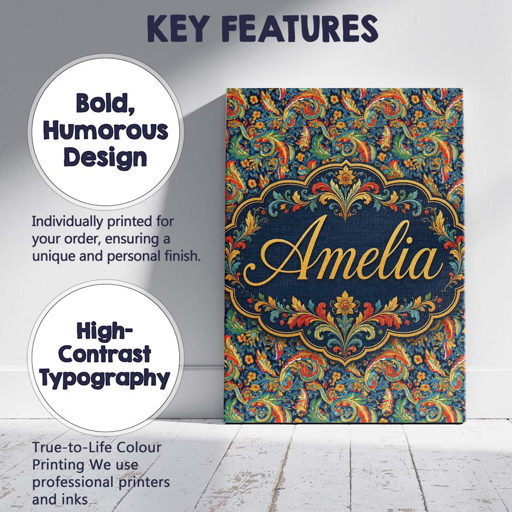 Personalised Name Vibrant Paisley Floral Custom  Unique Gift Idea Elegant Feature Canvas Wall Art Print Decor Picture Ready to Hang