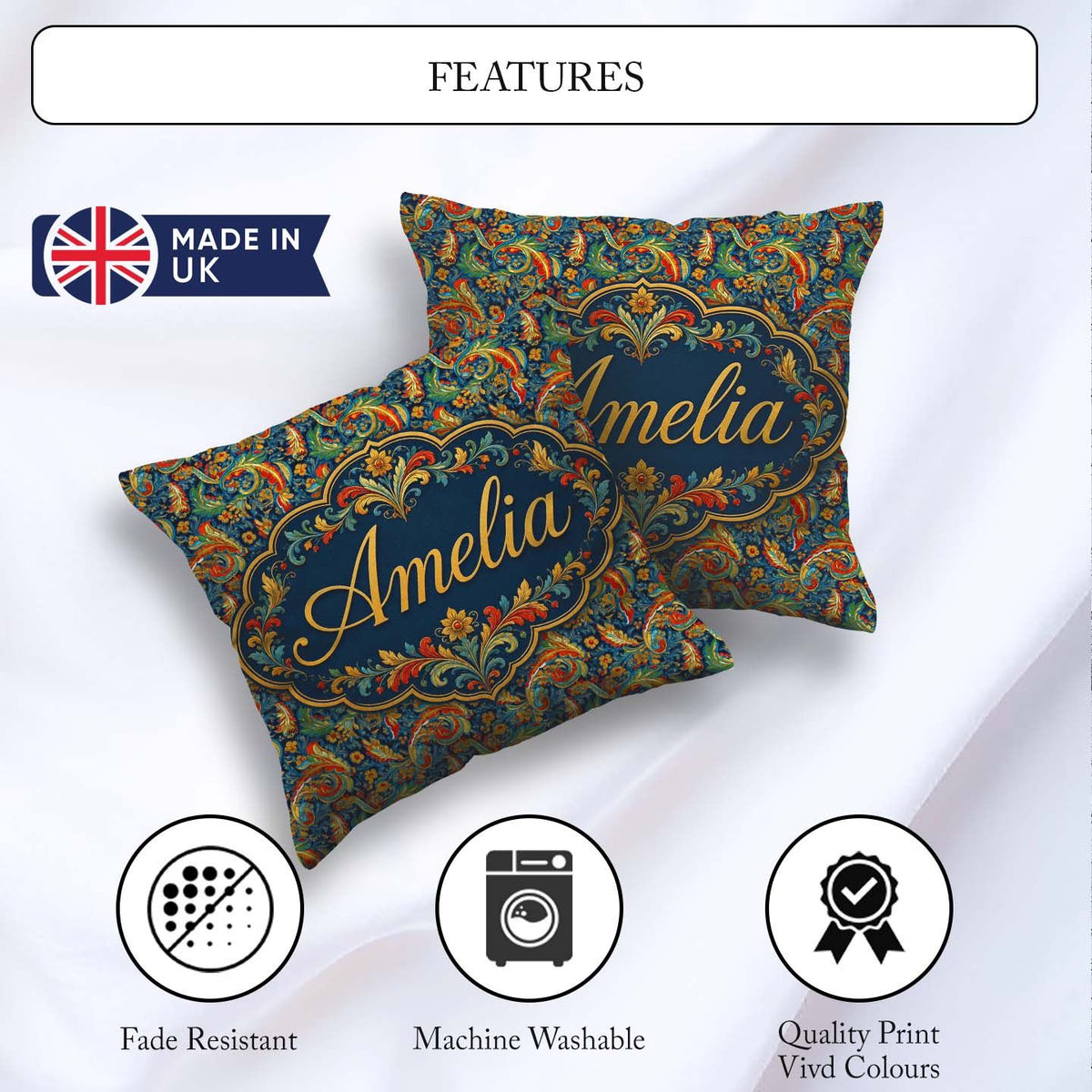 Custom Name Vibrant Paisley Floral Swirl Pattern Rich Ornamental Square Filled Cushion Throw Pillow Sofa Bed Home Decor Zip Washable UK Made