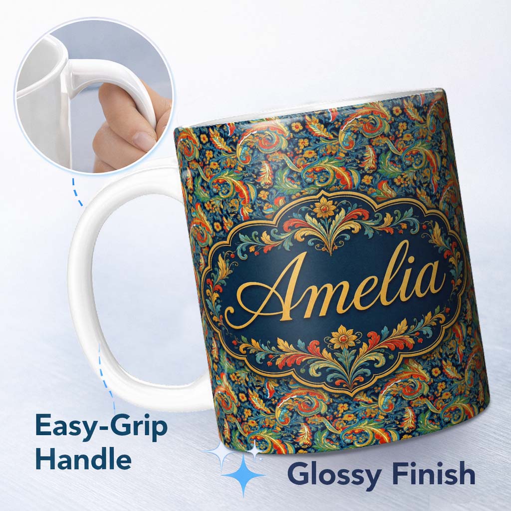 Personalized Custom Name Vibrant Paisley Floral Swirl Pattern Rich Ornamental Design Name 11oz Ceramic Coffee Tea Mug White Large Handle