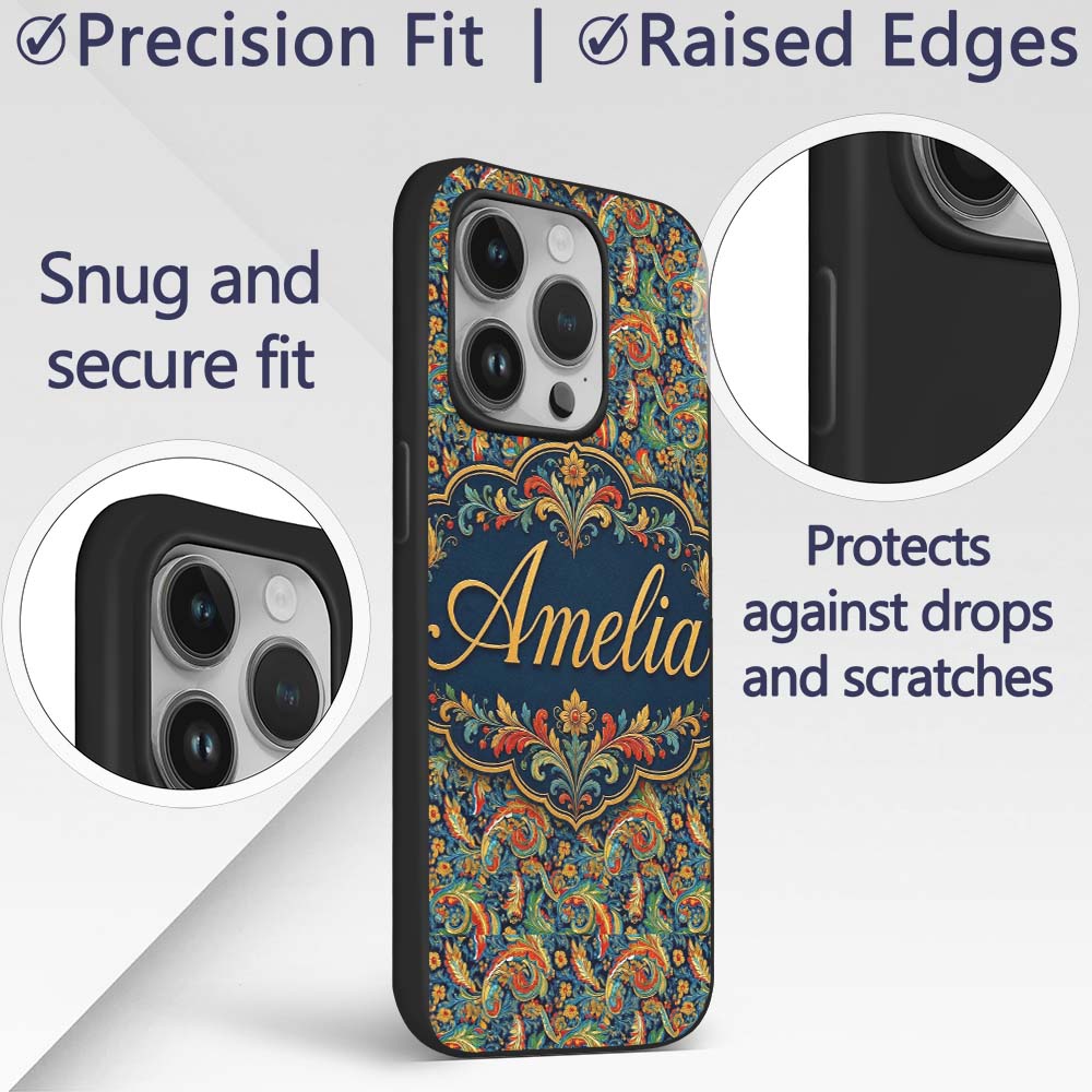 Vibrant Paisley Floral Swirl Decorative Design Custom Name Protective Phone Case Mobile Cover Durable Everyday Smartphone Shock Resistant