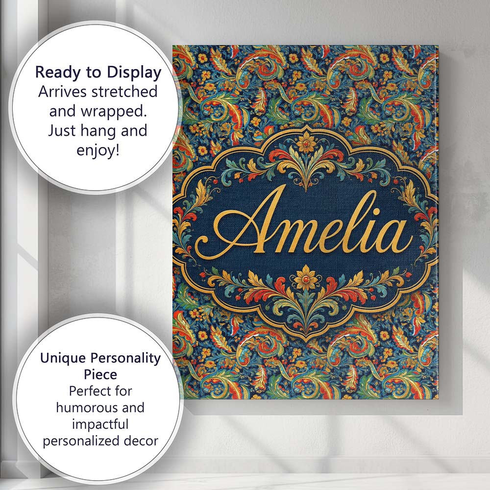 Personalised Name Vibrant Paisley Floral Custom  Unique Gift Idea Elegant Feature Canvas Wall Art Print Decor Picture Ready to Hang