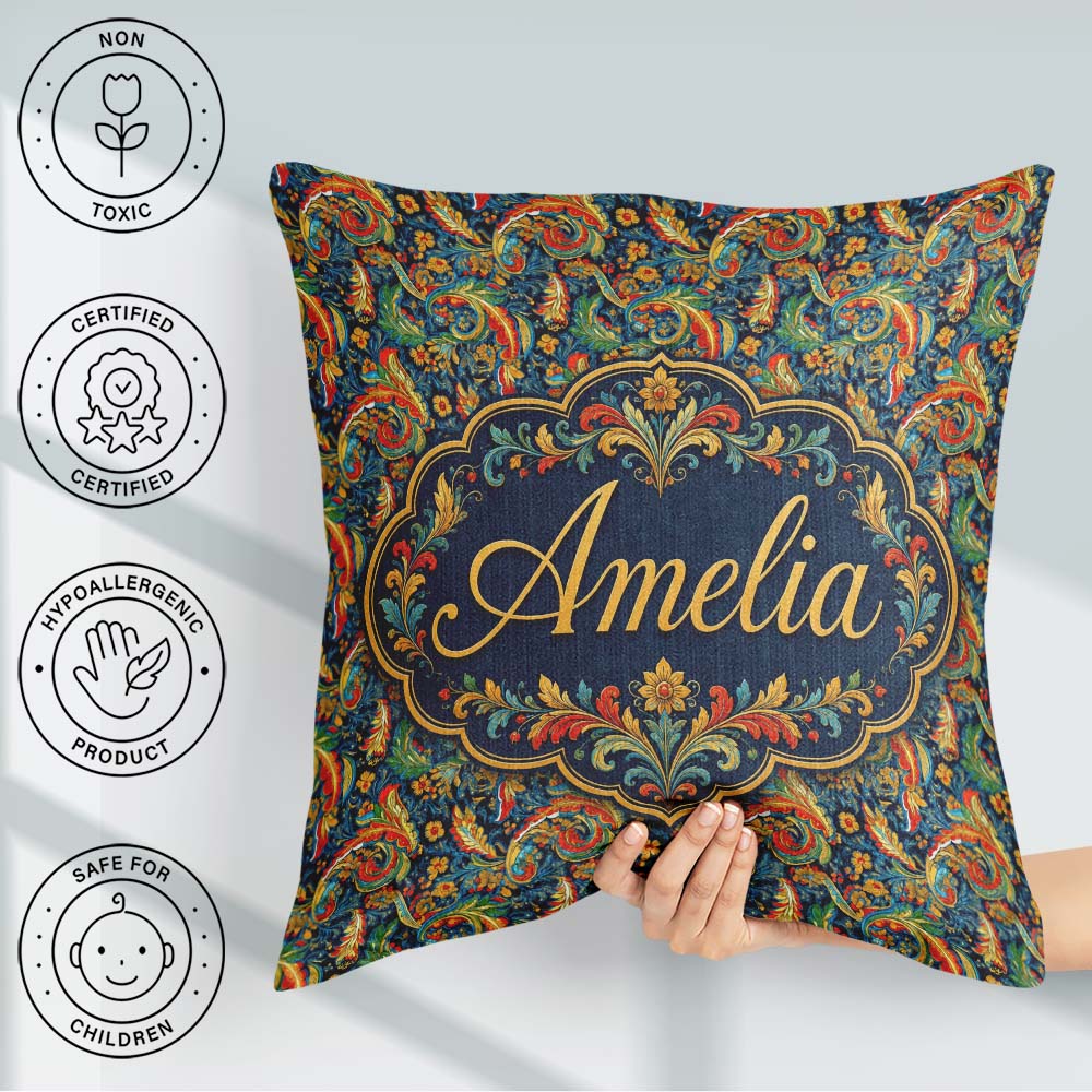 Custom Name Vibrant Paisley Floral Swirl Pattern Rich Ornamental Square Filled Cushion Throw Pillow Sofa Bed Home Decor Zip Washable UK Made