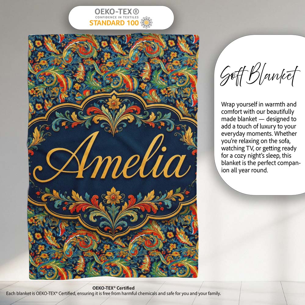 Vibrant Paisley Floral Swirl Pattern Rich Ornamental Design Name  Personalised Custom Name Super Soft Fleece Blanket Bed Sofa Throw