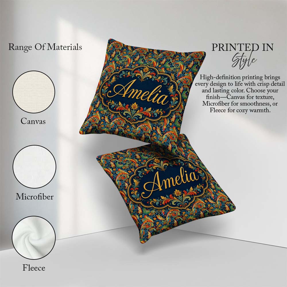 Custom Name Vibrant Paisley Floral Swirl Pattern Rich Ornamental Square Filled Cushion Throw Pillow Sofa Bed Home Decor Zip Washable UK Made