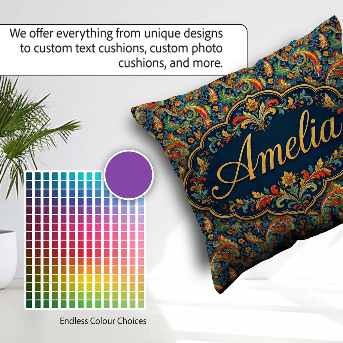 Custom Name Vibrant Paisley Floral Swirl Pattern Rich Ornamental Square Filled Cushion Throw Pillow Sofa Bed Home Decor Zip Washable UK Made