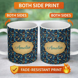 Personalized Custom Name Blue Gold Paisley Ornate Floral Pattern Elegant Vintage Design Name 11oz Ceramic Coffee Tea Mug White Large Handle
