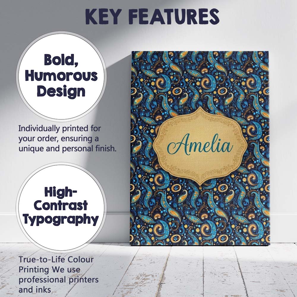 Personalised Name Blue Gold Paisley Ornate Custom  Unique Gift Idea Elegant Feature Canvas Wall Art Print Decor Picture Ready to Hang