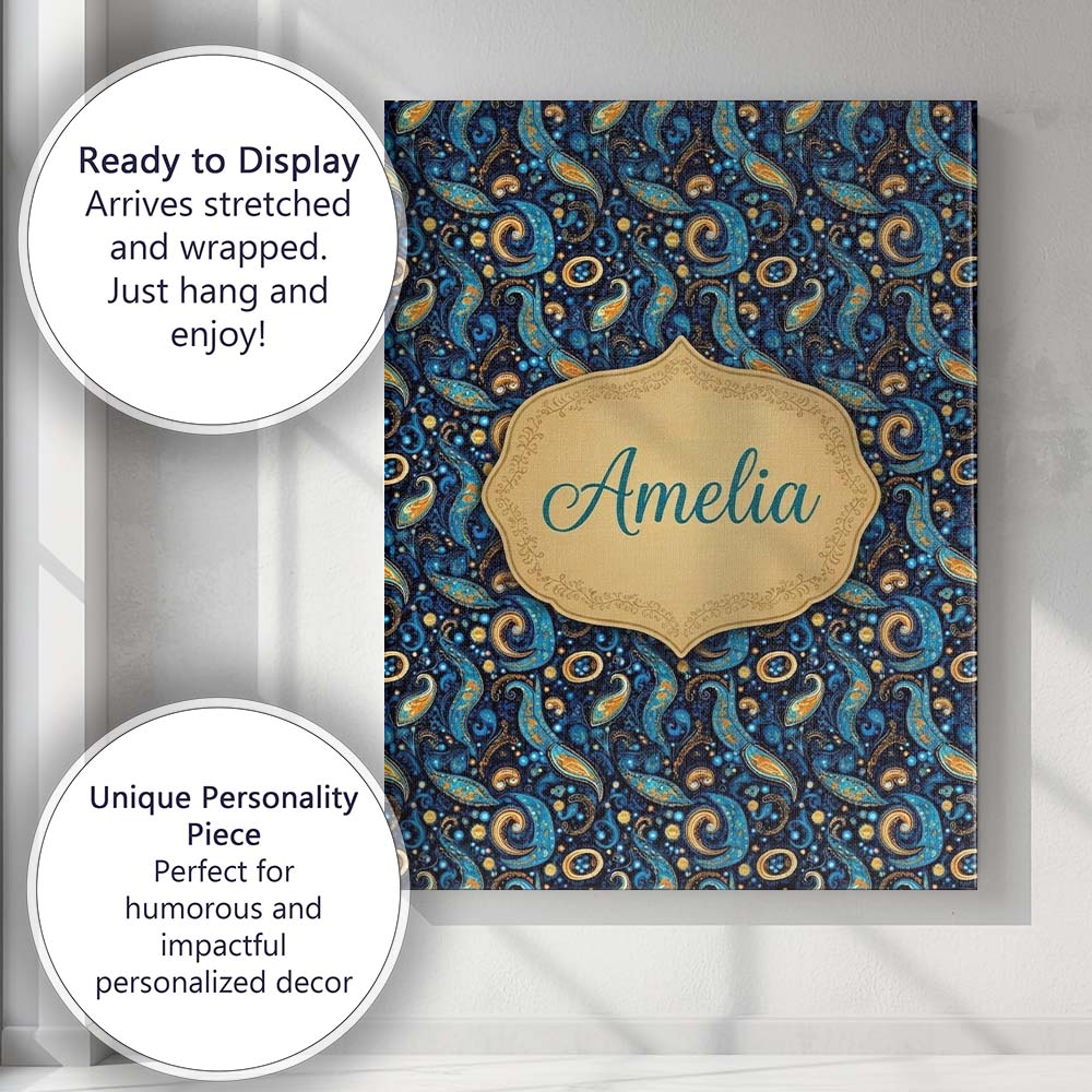 Personalised Name Blue Gold Paisley Ornate Custom  Unique Gift Idea Elegant Feature Canvas Wall Art Print Decor Picture Ready to Hang