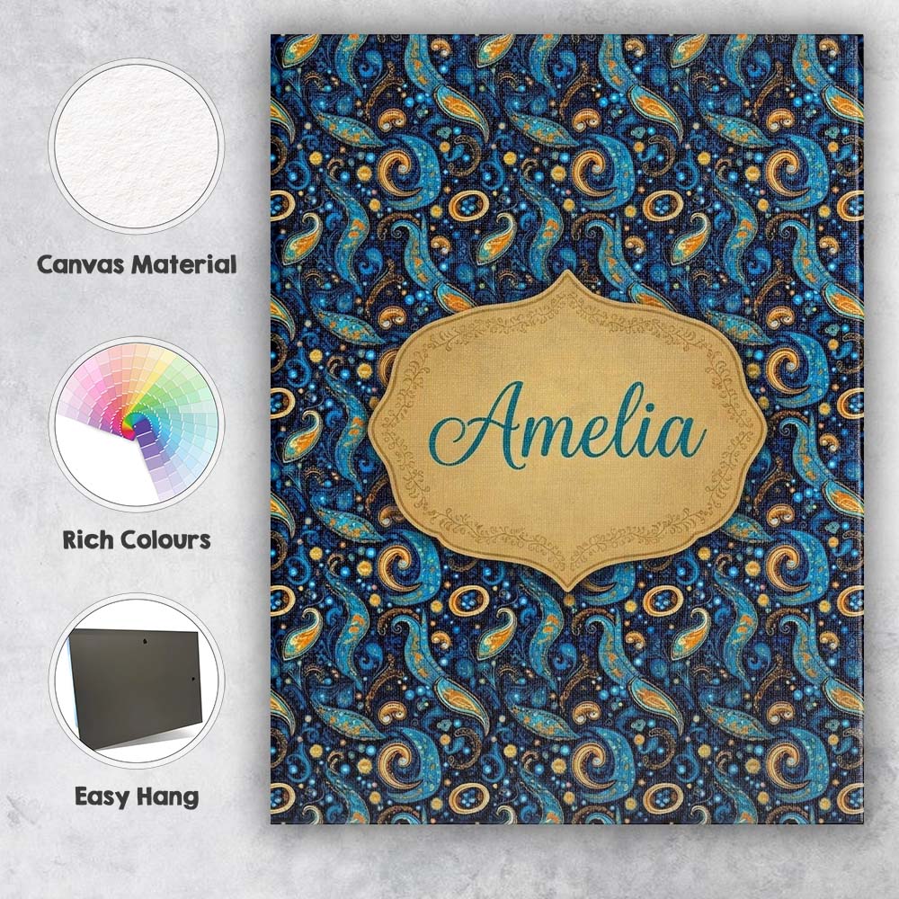 Personalised Name Blue Gold Paisley Ornate Custom  Unique Gift Idea Elegant Feature Canvas Wall Art Print Decor Picture Ready to Hang
