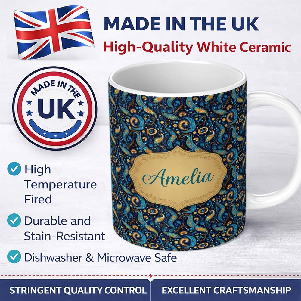 Personalized Custom Name Blue Gold Paisley Ornate Floral Pattern Elegant Vintage Design Name 11oz Ceramic Coffee Tea Mug White Large Handle