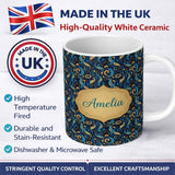 Personalized Custom Name Blue Gold Paisley Ornate Floral Pattern Elegant Vintage Design Name 11oz Ceramic Coffee Tea Mug White Large Handle