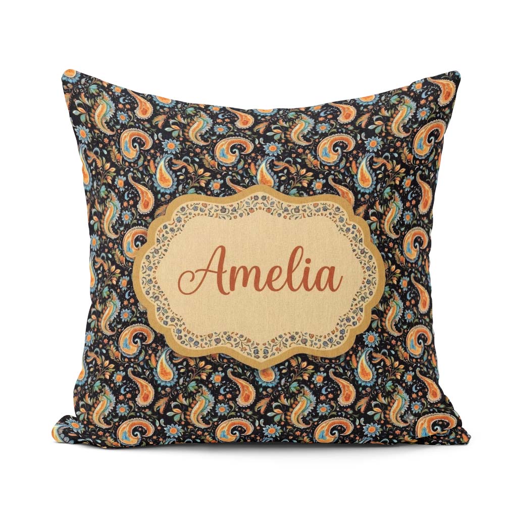 Custom Name Bright Orange Paisley Floral Pattern Bold Decorative Square Filled Cushion Throw Pillow Sofa Bed Home Decor Zip Washable UK Made