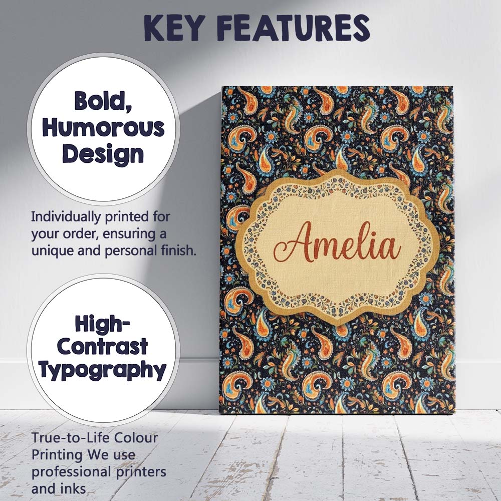 Personalised Name Bright Orange Paisley Custom  Modern Room Accent Elegant Feature Canvas Wall Art Print Decor Picture Ready to Hang
