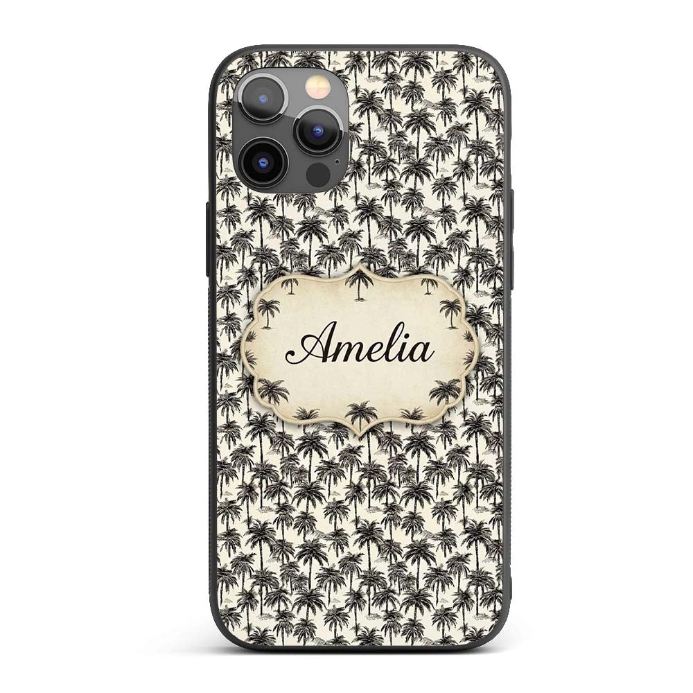 Tropical Palm Tree Monochrome Sketch Pattern Custom Name Protective Phone Case Mobile Cover Durable Everyday Smartphone Shock Resistant
