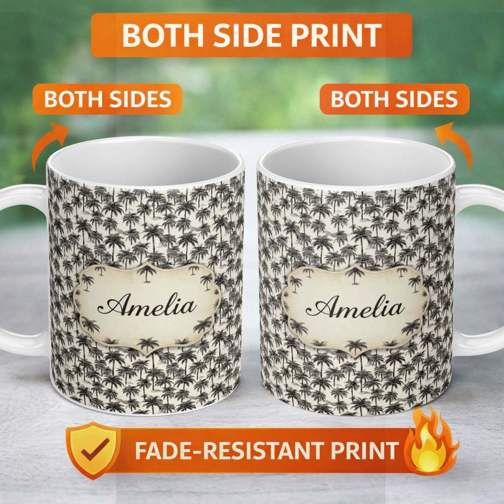 Personalized Custom Name Tropical Palm Tree Monochrome Sketch Pattern Neutral Coastal Design 11oz Ceramic Coffee Tea Mug White Large Handle