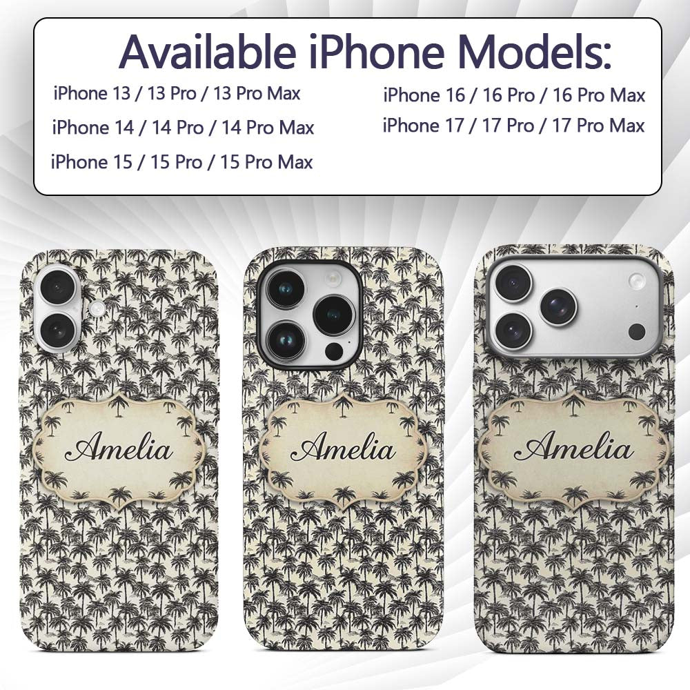 Tropical Palm Tree Monochrome Sketch Pattern Custom Name Protective Phone Case Mobile Cover Durable Everyday Smartphone Shock Resistant