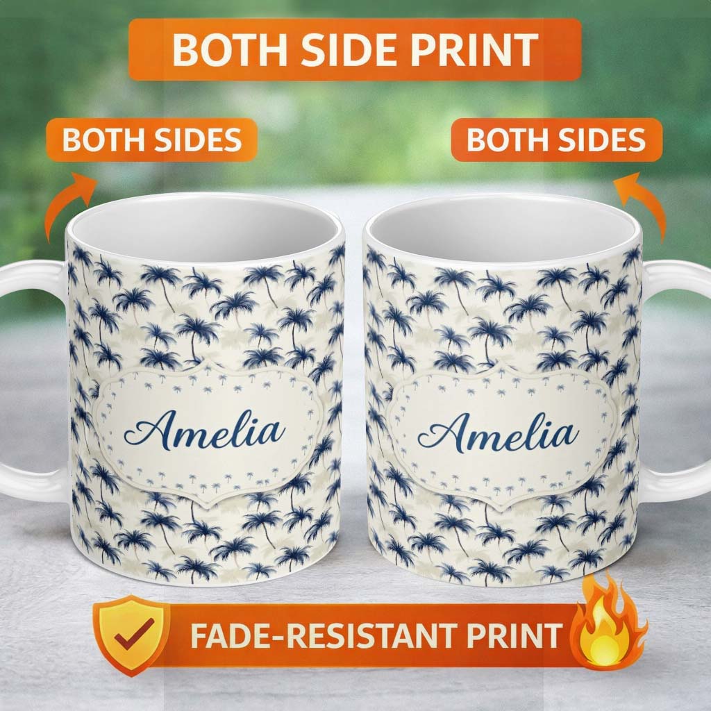 Personalized Custom Name Blue Palm Tree Tropical Seamless Pattern Soft Coastal Style Design 11oz Ceramic Coffee Tea Mug White Large Handle
