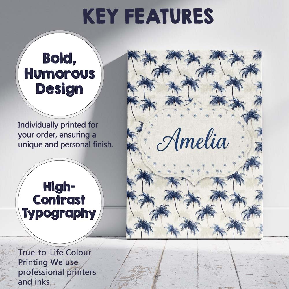 Personalised Name Blue Palm Tree Tropical Custom  Unique Gift Idea Elegant Feature Canvas Wall Art Print Decor Picture Ready to Hang