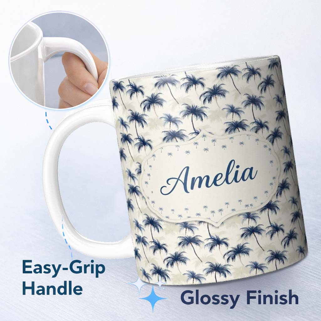 Personalized Custom Name Blue Palm Tree Tropical Seamless Pattern Soft Coastal Style Design 11oz Ceramic Coffee Tea Mug White Large Handle