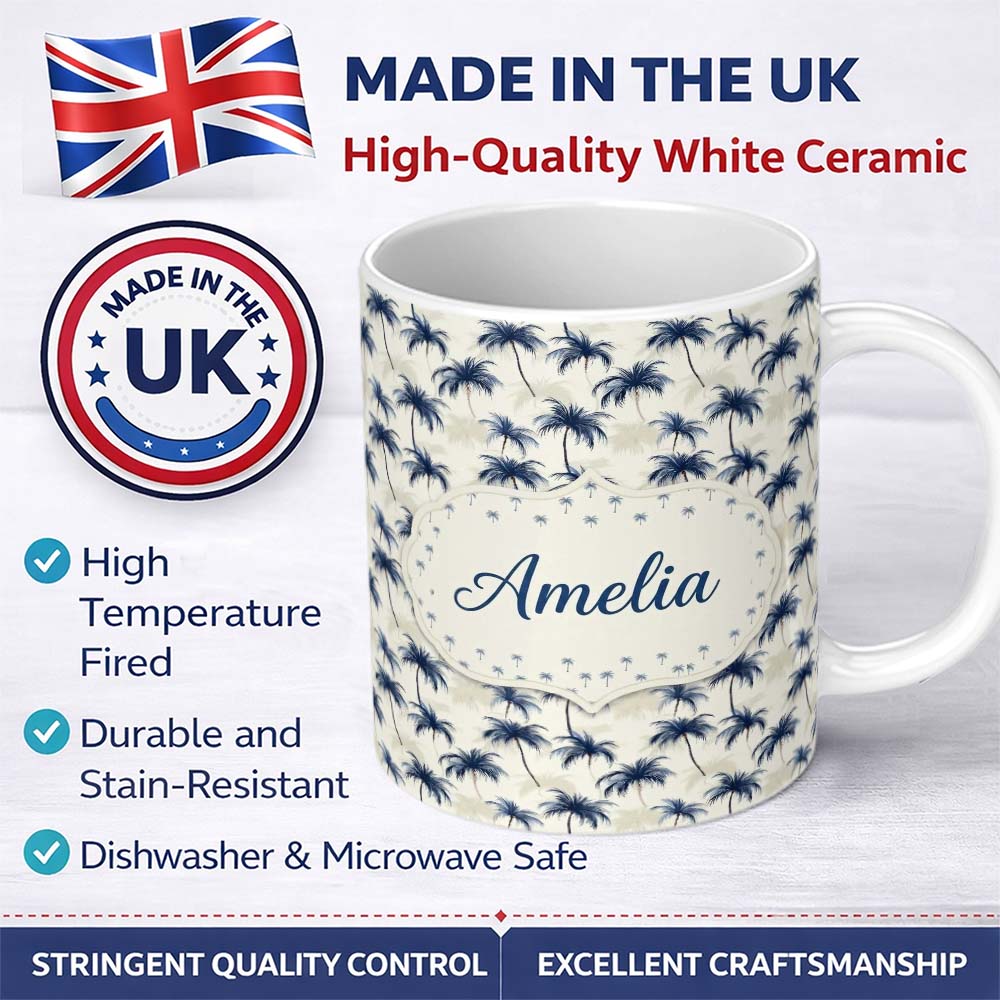Personalized Custom Name Blue Palm Tree Tropical Seamless Pattern Soft Coastal Style Design 11oz Ceramic Coffee Tea Mug White Large Handle