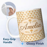 Personalized Custom Name Minimal Palm Tree Repeating Pattern Soft Neutral Tropical Design 11oz Ceramic Coffee Tea Mug White Large Handle