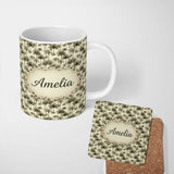 Personalized Custom Name Vintage Sepia Palm Tree Tropical Seamless Pattern Coastal Neutral 11oz Ceramic Coffee Tea Mug White Large Handle