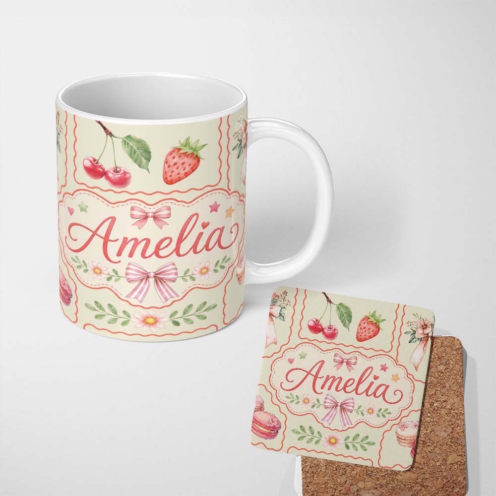 Personalized Custom Name Cute Cherry and Daisy Flowers with Pink Ribbon Bows Pattern White 11oz Ceramic Coffee Tea Mug White Large Handle