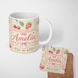 Personalized Custom Name Cute Cherry and Daisy Flowers with Pink Ribbon Bows Pattern White 11oz Ceramic Coffee Tea Mug White Large Handle