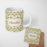 Personalized Custom Name Minimal Green Palm Tree Repeating Pattern Soft Tropical Neutral 11oz Ceramic Coffee Tea Mug White Large Handle