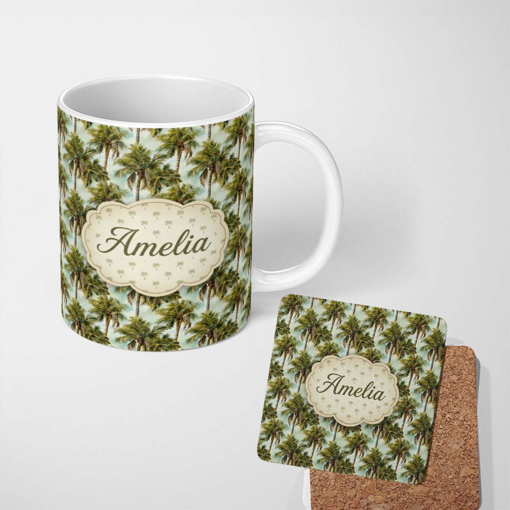 Personalized Custom Name Realistic Tropical Palm Tree Sky Background Seamless Pattern 11oz Ceramic Coffee Tea Mug White Large Handle