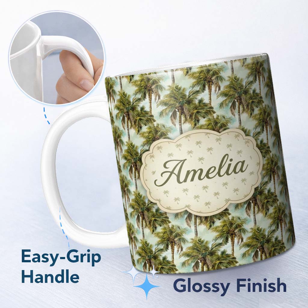 Personalized Custom Name Realistic Tropical Palm Tree Sky Background Seamless Pattern 11oz Ceramic Coffee Tea Mug White Large Handle