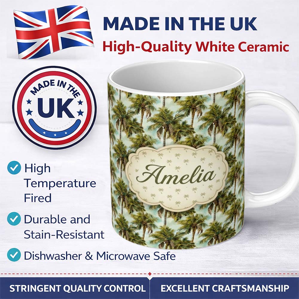 Personalized Custom Name Realistic Tropical Palm Tree Sky Background Seamless Pattern 11oz Ceramic Coffee Tea Mug White Large Handle