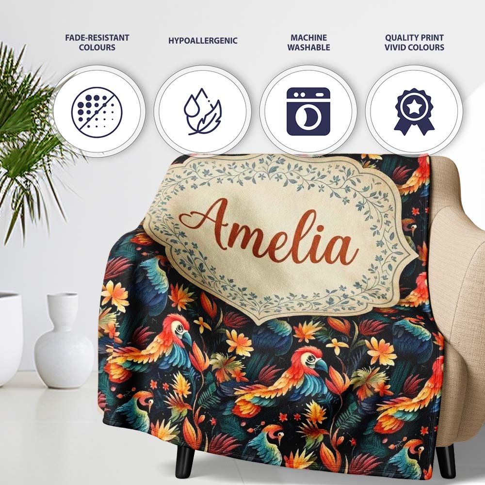 Colorful Tropical Parrot Floral Jungle Seamless Pattern Exotic Bird  Personalised Custom Name Super Soft Fleece Blanket Bed Sofa Throw