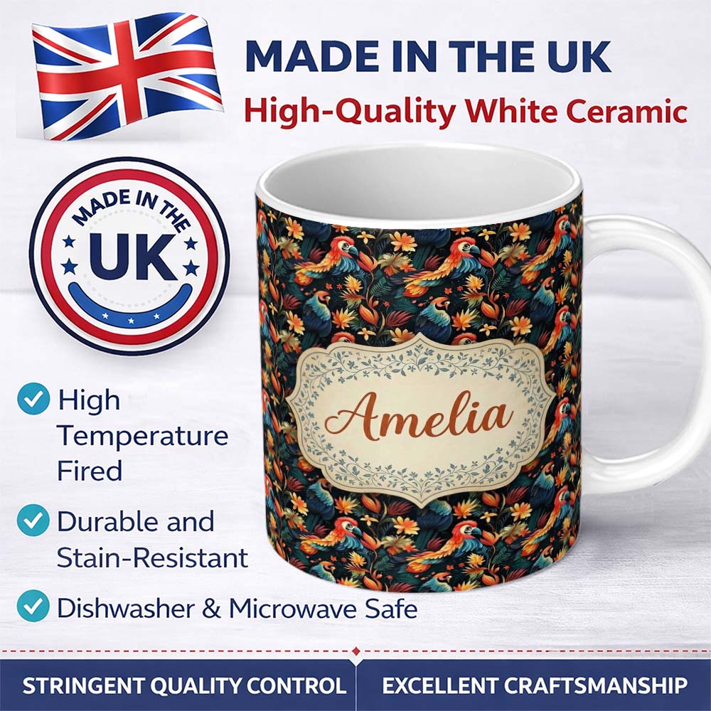 Personalized Custom Name Colorful Tropical Parrot Floral Jungle Seamless Pattern Exotic Bird 11oz Ceramic Coffee Tea Mug White Large Handle