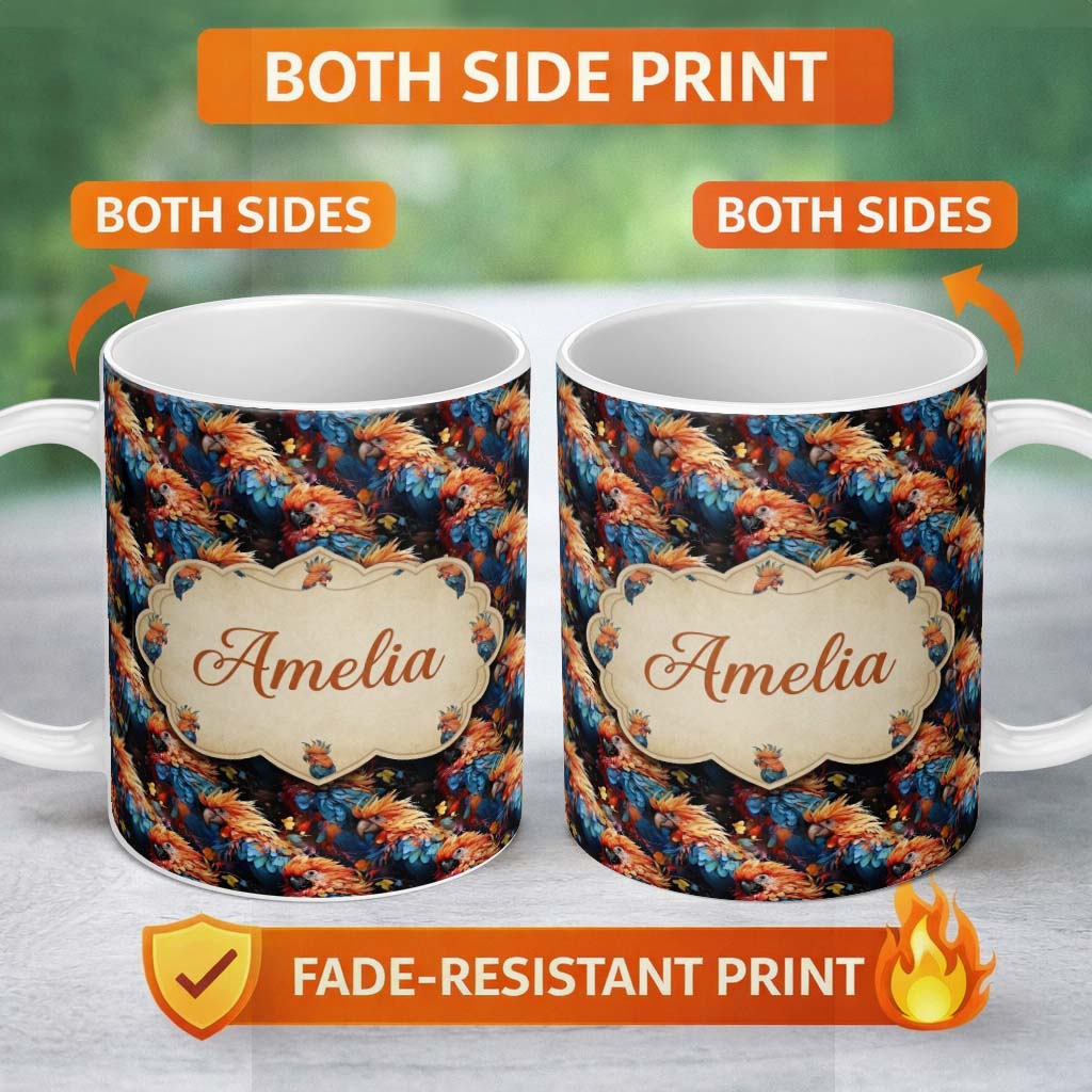 Personalized Custom Name Vibrant Macaw Parrot Tropical Bird Seamless Pattern Dark Exotic 11oz Ceramic Coffee Tea Mug White Large Handle