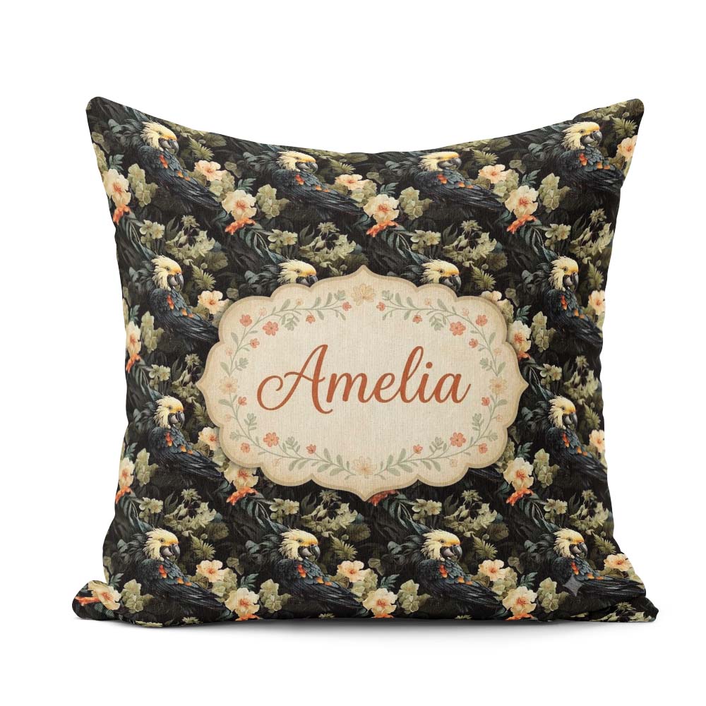 Custom Name Elegant Cockatoo Parrot Floral Seamless Pattern Dark Square Filled Cushion Throw Pillow Sofa Bed Home Decor Zip Washable UK Made
