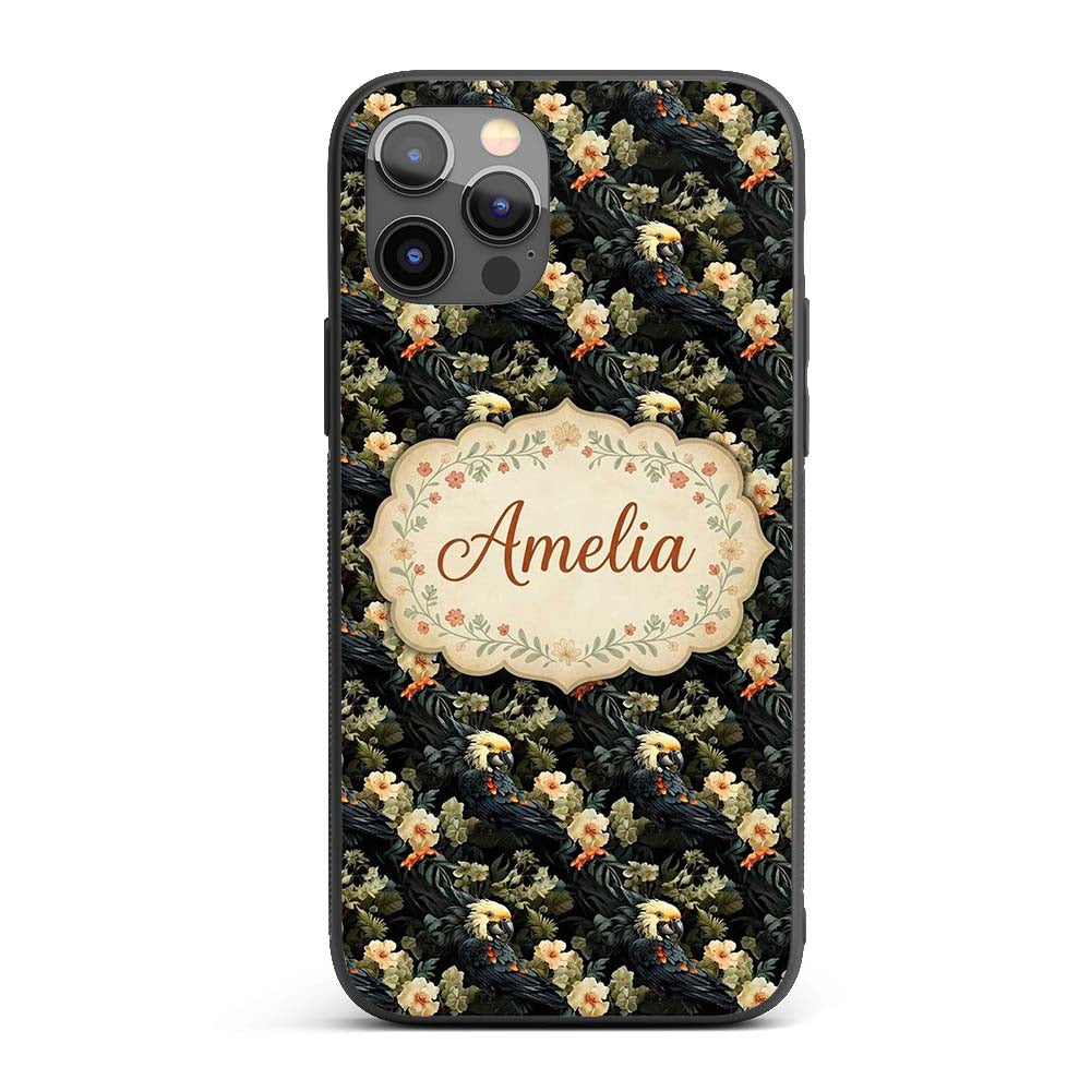 Elegant Cockatoo Parrot Floral Jungle Seamless Custom Name Protective Phone Case Mobile Cover Durable Everyday Smartphone Shock Resistant