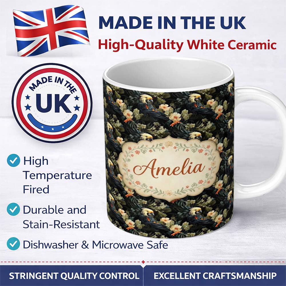 Personalized Custom Name Elegant Cockatoo Parrot Floral Jungle Seamless Pattern Dark 11oz Ceramic Coffee Tea Mug White Large Handle