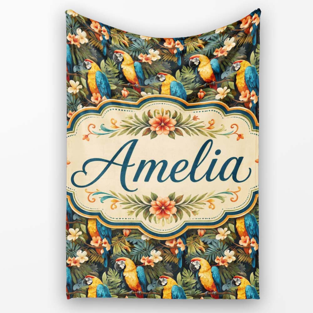 Bright Macaw Parrot Tropical Floral Seamless Pattern Exotic Jungle  Personalised Custom Name Super Soft Fleece Blanket Bed Sofa Throw
