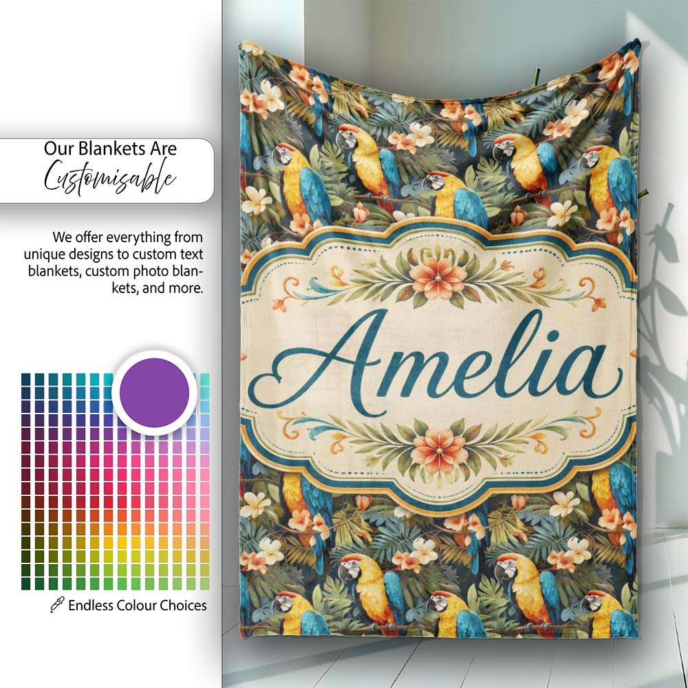 Bright Macaw Parrot Tropical Floral Seamless Pattern Exotic Jungle  Personalised Custom Name Super Soft Fleece Blanket Bed Sofa Throw