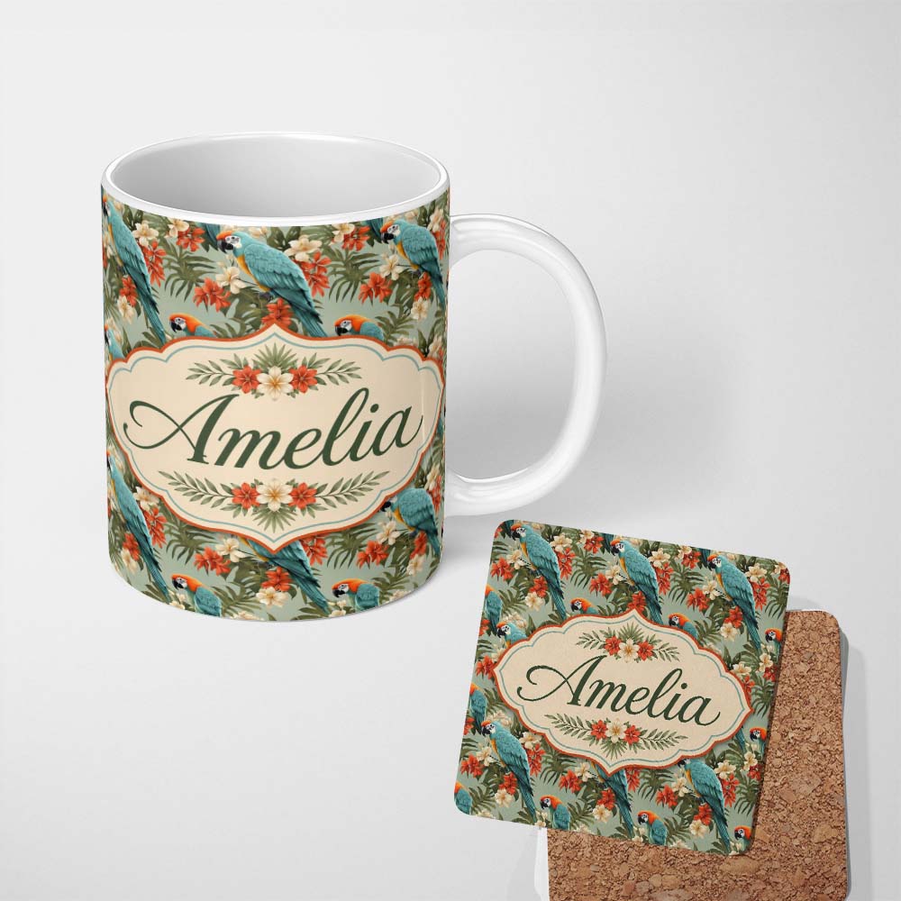 Personalized Custom Name Tropical Blue Macaw Parrot Floral Jungle Seamless Pattern Exotic 11oz Ceramic Coffee Tea Mug White Large Handle
