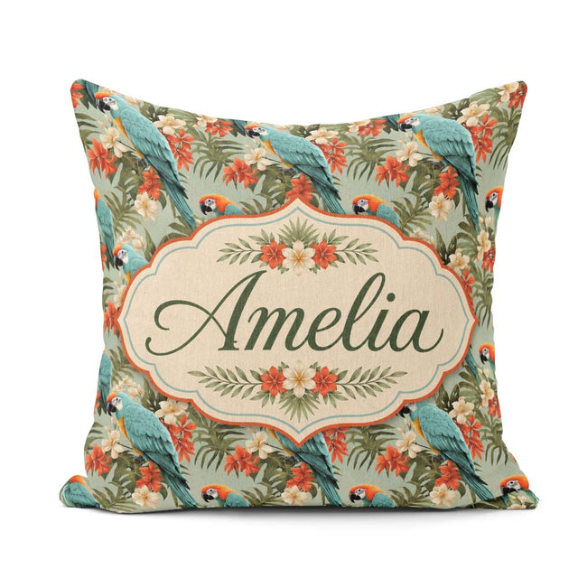 Custom Name Tropical Macaw Parrot Floral Jungle Seamless Pattern Square Filled Cushion Throw Pillow Sofa Bed Home Decor Zip Washable UK Made