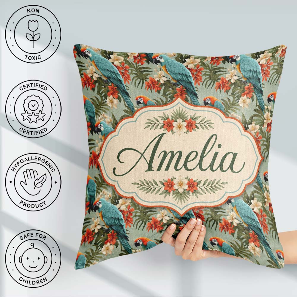 Custom Name Tropical Macaw Parrot Floral Jungle Seamless Pattern Square Filled Cushion Throw Pillow Sofa Bed Home Decor Zip Washable UK Made