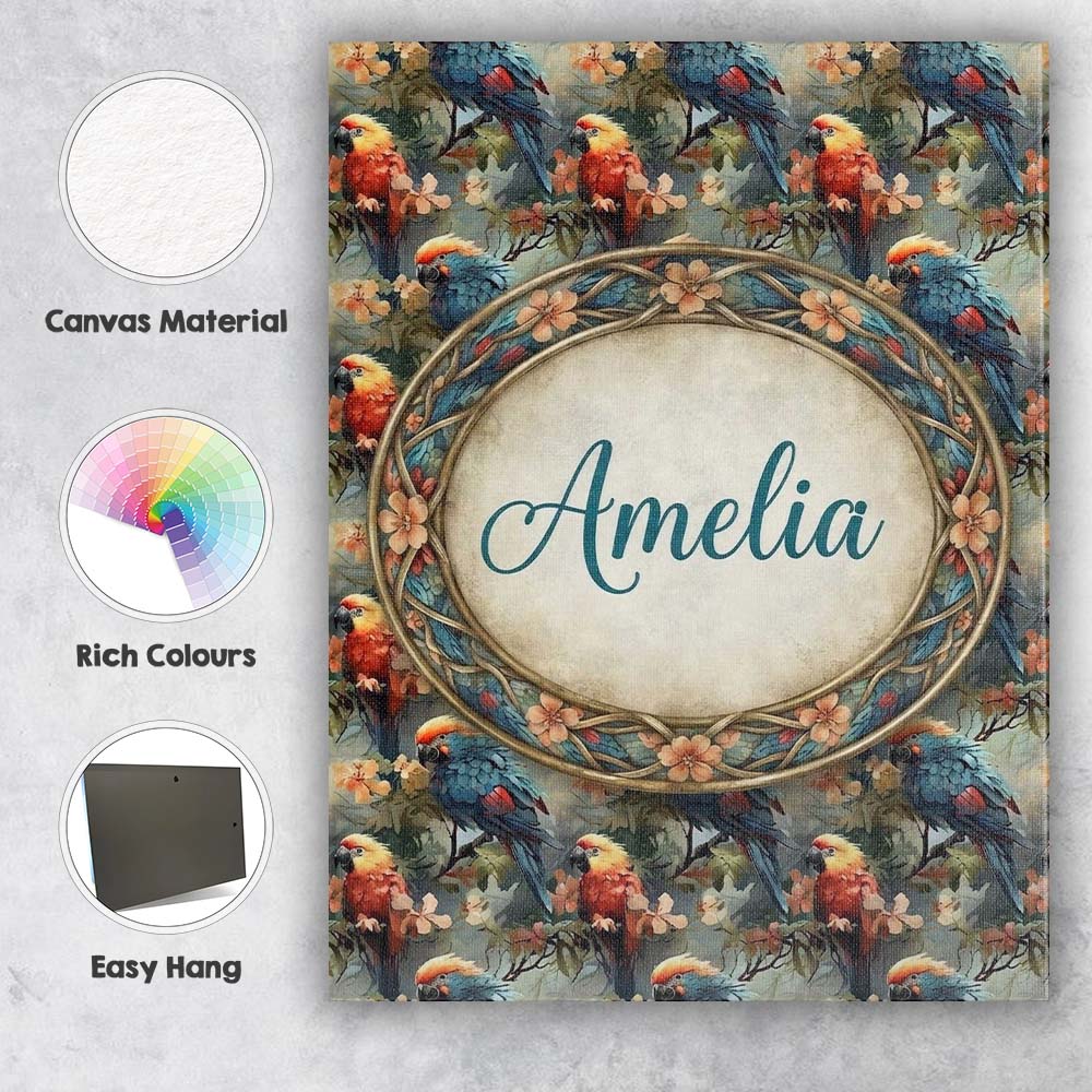 Personalised Name Colorful Parrot Bird on Custom  Unique Gift Idea Elegant Feature Canvas Wall Art Print Decor Picture Ready to Hang
