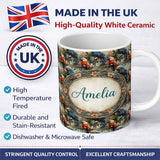 Personalized Custom Name Colorful Parrot Bird on Branches Floral Seamless Pattern Artistic 11oz Ceramic Coffee Tea Mug White Large Handle