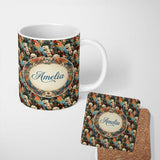 Personalized Custom Name Vibrant Macaw Parrot with Flowers Seamless Pattern Dark Botanical 11oz Ceramic Coffee Tea Mug White Large Handle