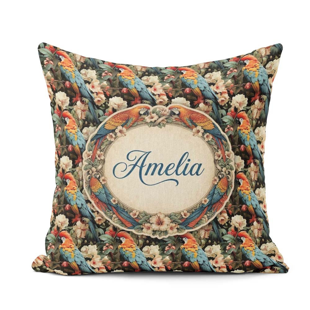 Custom Name Vibrant Macaw Parrot with Flowers Seamless Botanical Square Filled Cushion Throw Pillow Sofa Bed Home Decor Zip Washable UK Made
