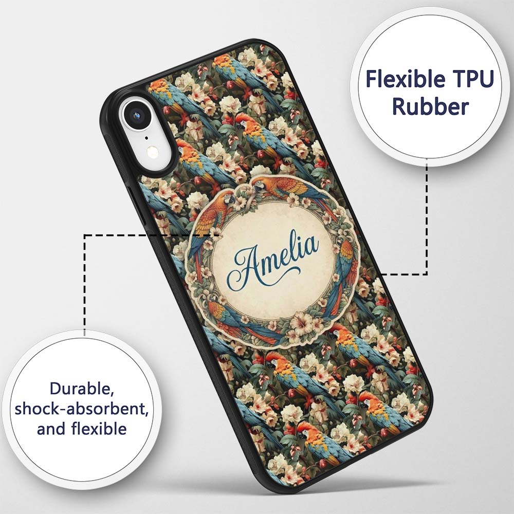 Vibrant Macaw Parrot with Flowers Printed Design Custom Name Protective Phone Case Mobile Cover Durable Everyday Smartphone Shock Resistant